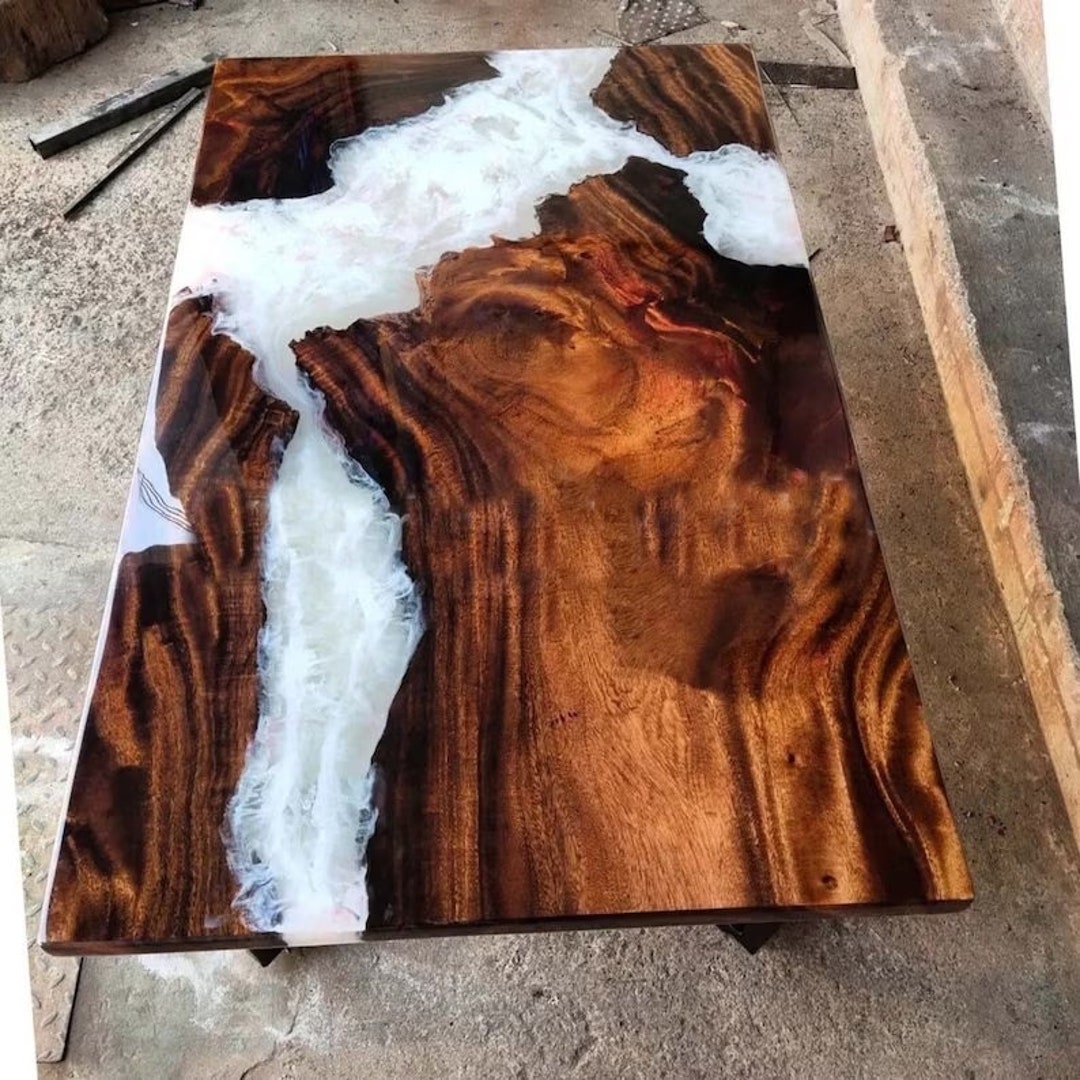 Smoky White Epoxy Table Top Acacia Wood Epoxy Resin Table Etsy