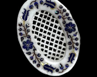 4"x3" White Marble Soap Dish Holder Floral Lapis Inlay Stone Bathroom Decor