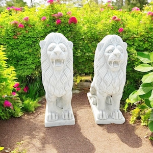 White Marble Sitting Lion Statue in Pair For Front Home & Garden Decor