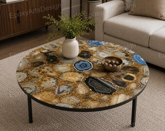 Blue Agate Coffee Table, Round Agate Stone Table, Luxury Gemstone Coffee Table, Handmade Agate Center Table, Living Room Furniture