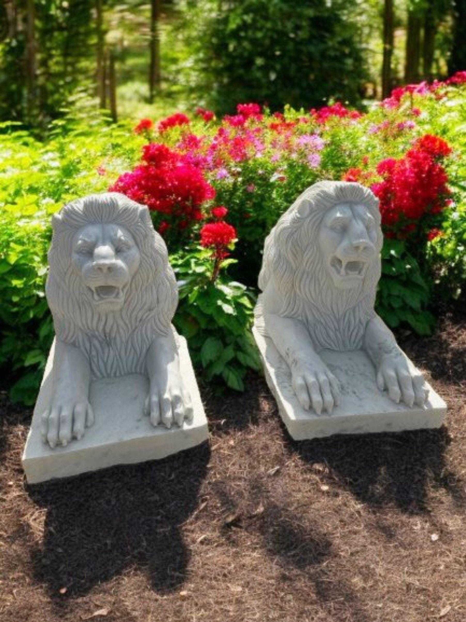 天然ホワイト大理石のライオンのペア彫刻屋外ガーデン装飾 - Etsy 日本