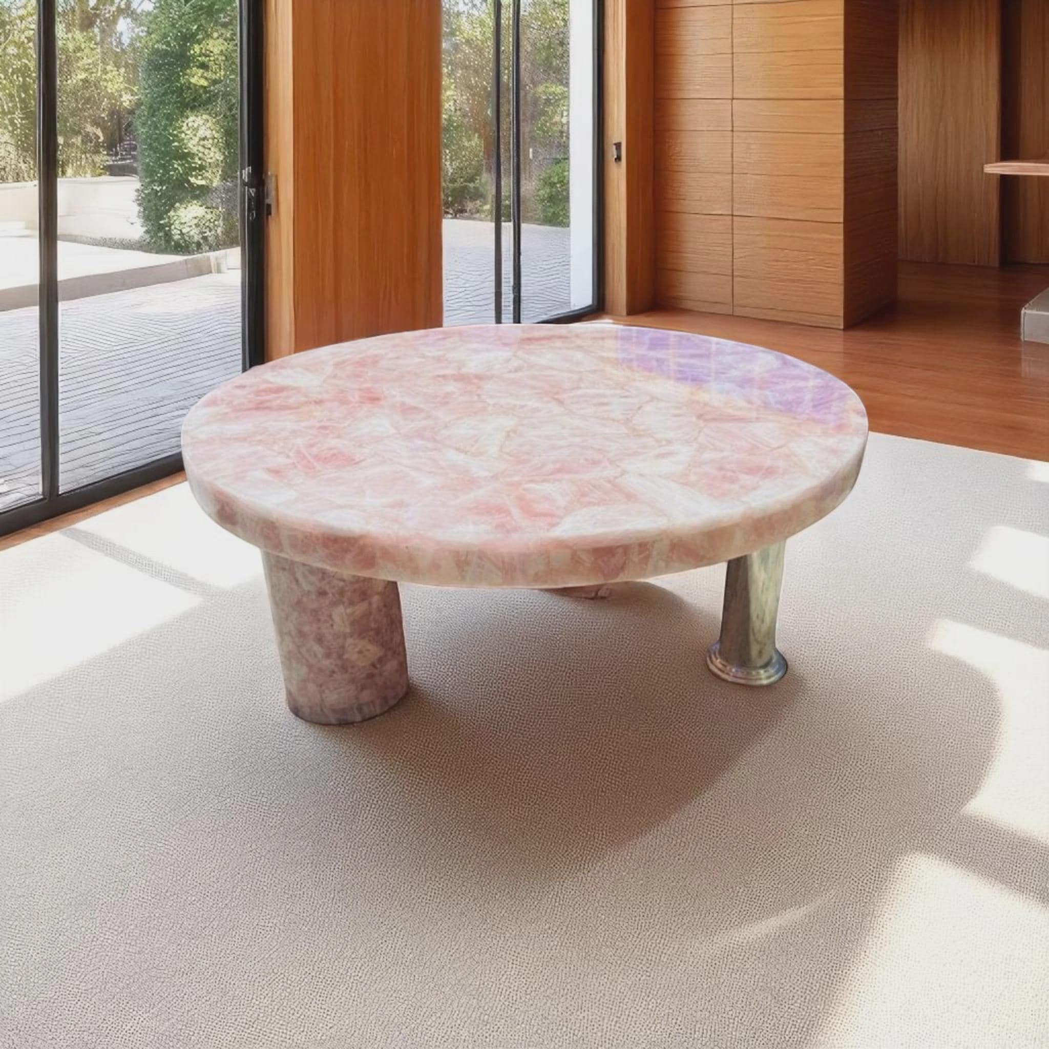 Pink Rose Quartz Table, Stone Coffee Table, Round Dining