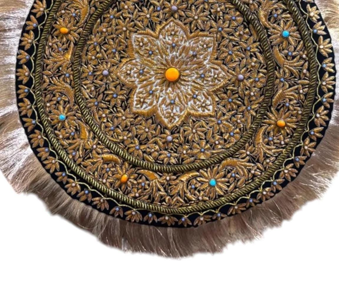 24インチ タペストリー 壁掛け ラウンド - シルク刺繍 花柄 半貴石