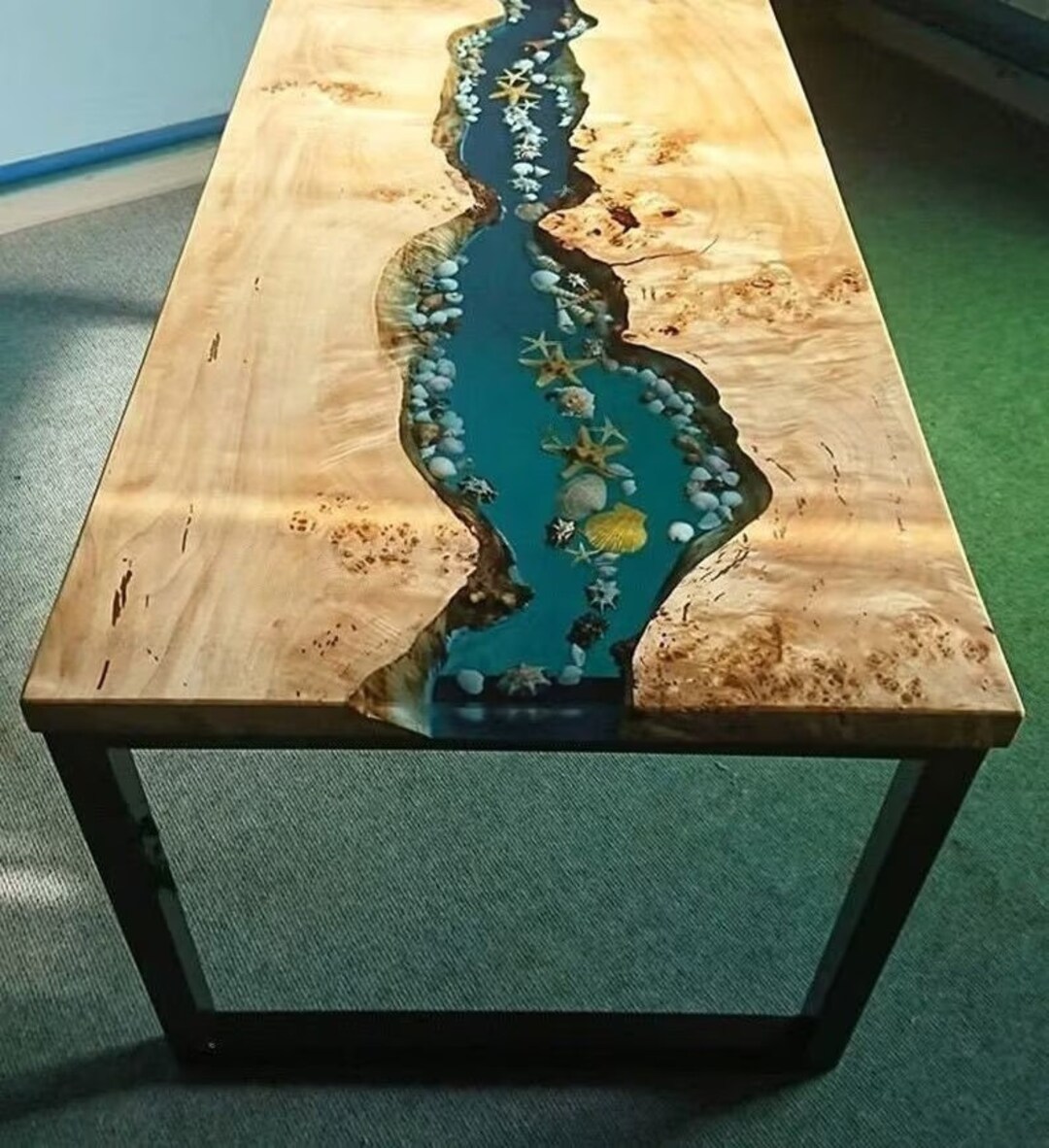 Epoxy Table With Rocks, Natural Live Edge Wood Table, Ocean Blue Resin