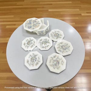 marble coaster set of 6 pieces octagonal shape handmade mop inlaid floral fine gemstone home decor