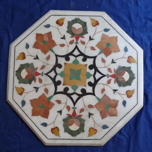 Handmade Octagonal Marble Table Top: Pietra Dura Inlay Design (21x21 Inches)