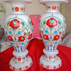Handmade White Marble Flower Vase: Carnelian Inlay, Luxury Home Decor