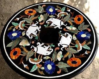 30" Marble Round Center Table Top Natural Floral Pietradura Inlay Stone Elephant Design Coffee & Dining Cafeteria Restaurant Decor