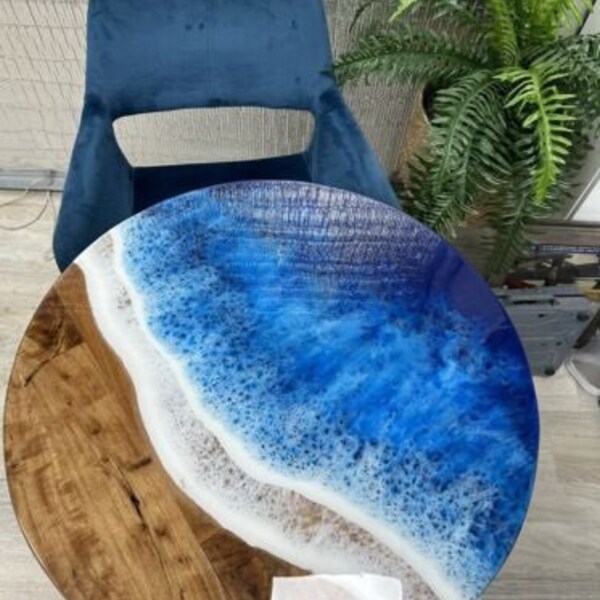 Ocean Beach Epoxy Table Top, Round Resin Epoxy Table, Blue Waves Coffee Tables, Made To Order, Free Shipping, Living Room , Handmade Table