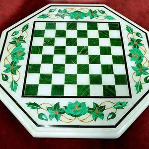 12&quot; Marble Chess Board Game Natural Malachite Precious Inlay Stone Floral Design Patio Home Decor