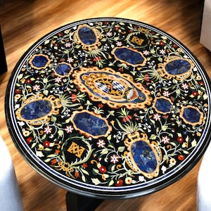Black Marble Inlay Table Top / Marble Top Round Coffee Table / Luxurious Handmade Furniture / Lapis Semi Precious Pietradura Art Decor