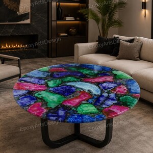 Round Agate Coffee Table, Colorful Agate Gemstone Table, Luxury Living Room Center Table, Handmade Modern Furniture Decor