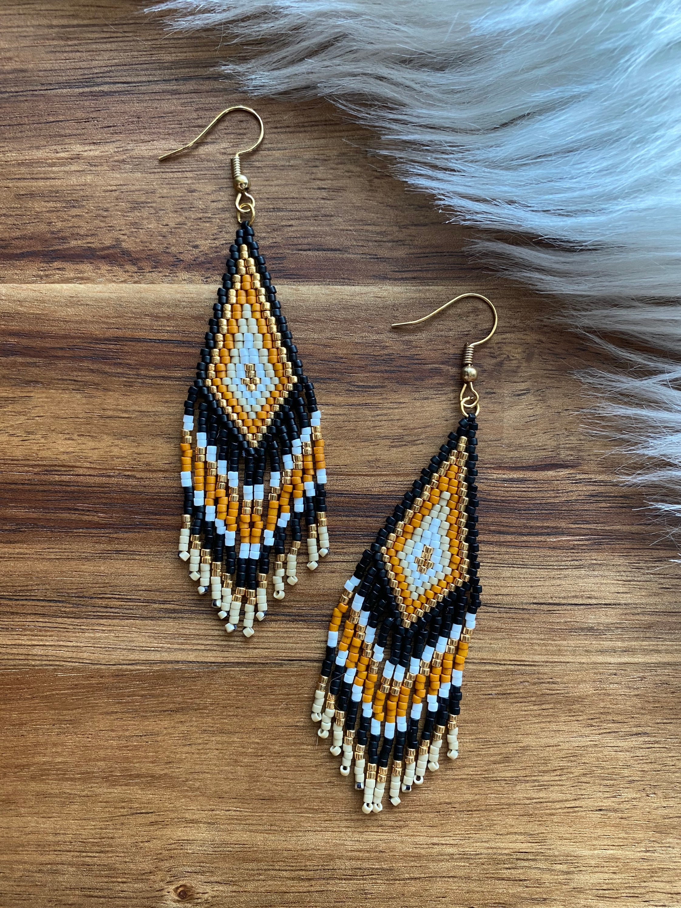 Beaded Fringe Earrings Native American Seed Beads Matte Black Brown Moth Wing Brown Ivory Gold