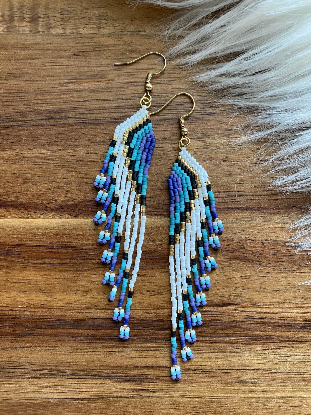 Beaded Fringe Earrings // Native American / Seed Beads / Matte White ...