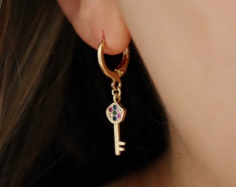 18K Gold Key Earrings, Crystal Key Earrings, Multicolor Gem Dangles, Key Charm Hoops, Gold Filled Earrings, Gold Small Huggies, gift for her