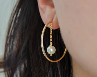 Gold Pearl Hoops, Pearl Earrings, 18K Gold Pearl Jewelry, Dainty Hoop Dangling Earrings, Pearl Jewelry, Bridesmaids Jewelry, Bridal Earrings