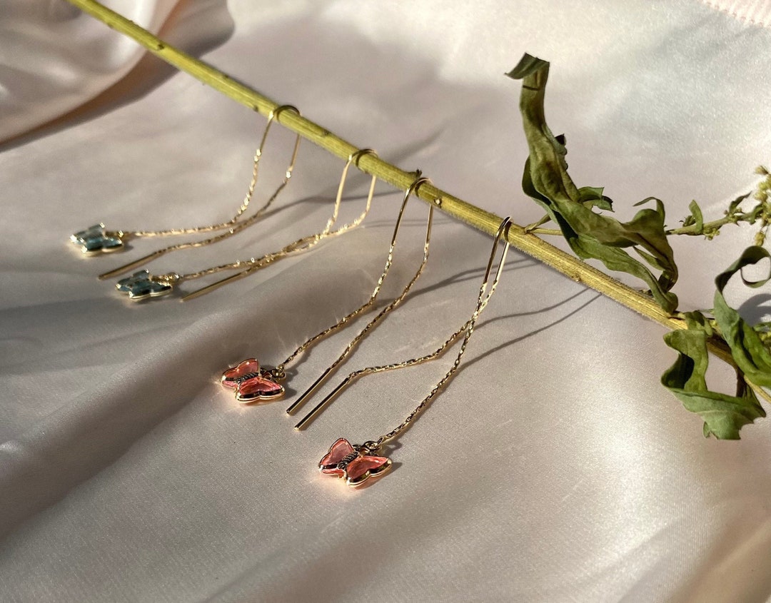 Dainty Butterfly Threader Earrings Butterfly Earring Etsy