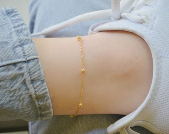 18K Gold Beaded Anklet, Dainty Gold Satellite Anklet, Simple Beaded Anklet Bracelet, Minimalist Gold Chain