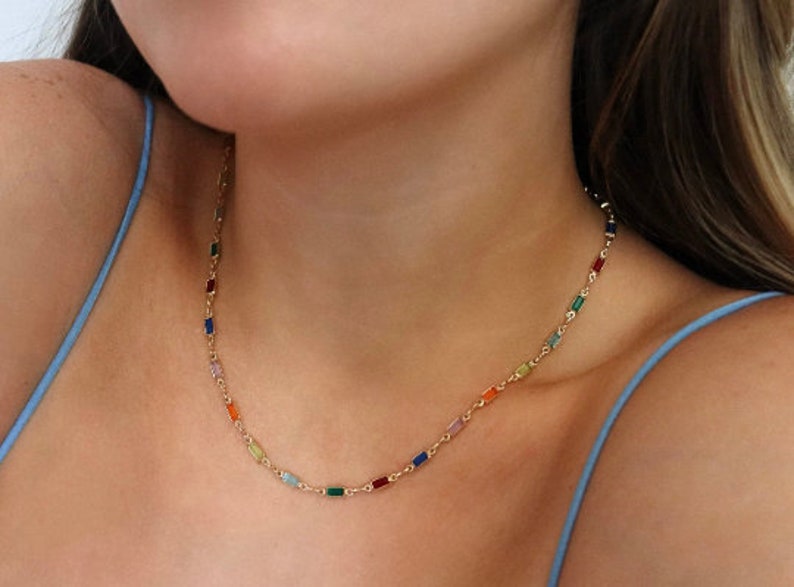 Multicolor Chain Necklace 18k Gold Filled Necklace Crystal Necklace Colorful Link Necklace Charm Necklace Crystal Bracelet image 2