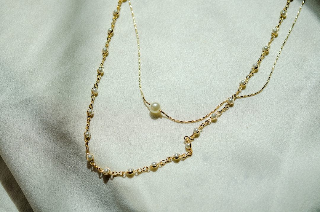 Double Layered Gold Pearl Necklace Set, Single Floating Pearl Necklace ...