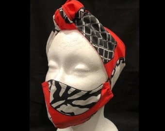 red and white head wrap with matching mask