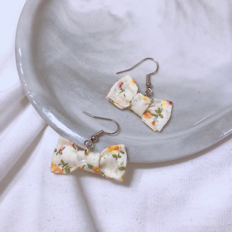 Wedding gifts Floral mini bow dangle earrings Gifts for her birthday gifts Jewellery Daily Handmade Fabric