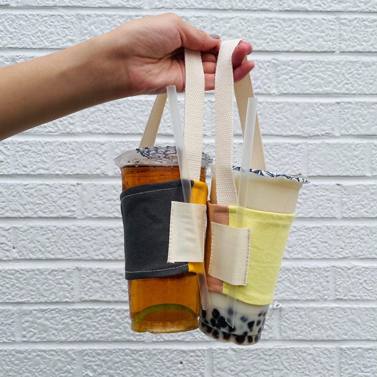 Twocolour Boba Bubble Tea Cup Holder Carrier With Straw Etsy