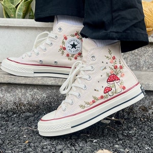 Converse High Tops/ Mushroom Converse/ Flower Converse/ Logo Mushroom/ Custom Embroidered Kawaii Mushroom And Rose/ Gift For Her