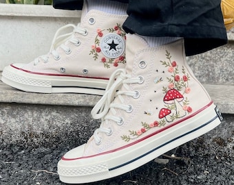 Converse High Tops/ Mushroom Converse/ Flower Converse/ Logo Mushroom/ Custom Embroidered Kawaii Mushroom And Rose/ Gift For Her