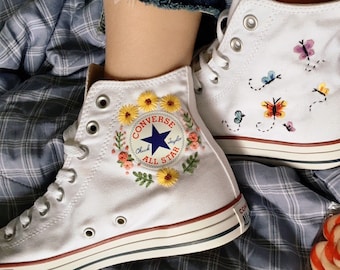 Custom Converse Embroidery/ Embroidered Butterfly Converse/ Converse Custom Sun Flower Embroidery/ Wedding Converse Shoes