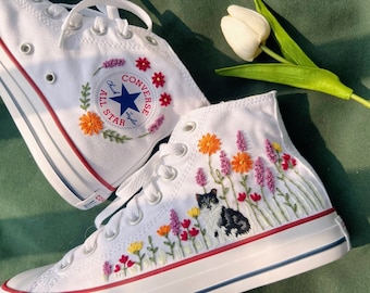Bestickte Converse / Converse High Tops Süßer Blumengarten und Haustier / Blume Converse / Converse High Tops / Besticktes Blumenlogo