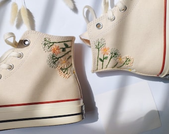 Haftowane buty Converse/Converse High Tops Converse z haftem kwiatowym / Niestandardowe haftowane dmuchawce/Logo haftowane