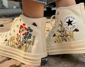 Bridal Converse/Embroidered Wedding Converse/Embroidered Sneakers Colorful Flower Garden/Custom Converse Chuck Taylor 1970s/Gift For Her