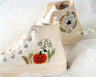 Embroidered Converse High Tops: Pumpkin Lantern, Flowers, Ghosts (Custom Halloween Sneakers)