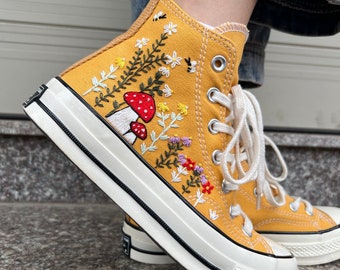 Embroidered Converse/Mushroom Converse/Embroidered Sneakers Forest Of Flowers, Mushrooms And Bees/Mushroom Gifts/Gift For Her