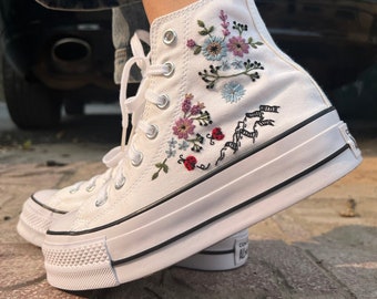 Embroidered converse/ Custom Converse Platform/ Wedding Converse Mountain And Flower/ Custom Logo Flower/ Gift For Her/ Best Gift For Her