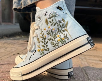 Embroidered converse/Converse High Tops Garden Of Chrysanthemums, Dandelions, Butterflies and Ladybugs/Embroidered Sneakers/Gifts For Her