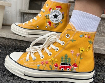 Embroidered Converse/Mushroom Converse/Custom Embroidered Bus and Mushroom/Embroidered Logo Mushroom/Converse Hi Tops Chuck Taylor 1970s