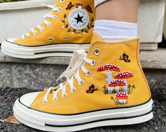 Custom Converse Taylor 1970s Mushrooms Embroidered Shoes/ Mushrooms Embroidered Sneakers Custom/ Mushrooms Embroidered Custom