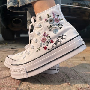 Embroidered converse/ Custom Converse Platform/ Wedding Converse Mountain And Flower/ Custom Logo Flower/ Gift For Her/ Best Gift For Her