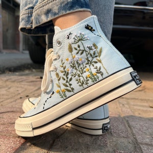 Embroidered converse/Converse High Tops Garden Of Chrysanthemums, Dandelions, Butterflies and Ladybugs/Embroidered Sneakers/Gifts For Her