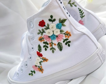 Wedding Converse Full White/Bridal Converse/Embroidered Converse/Embroidered Sneakers Colorful Flower Bouquets/Flower Converse/Logo Converse