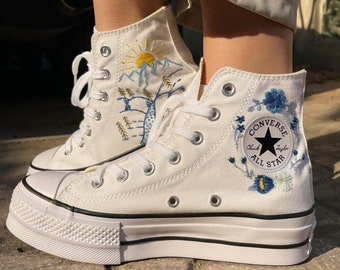 Embroidered converse/ Custom Converse Platform/Custom Converse Mountain Scene Embroidery/Custom Logo Flower/Gift For Her/Best Gift