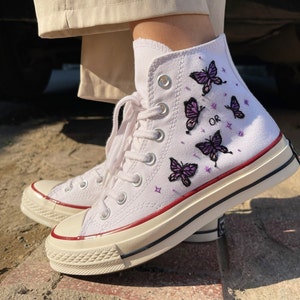 Embroidered Custom Converse High Tops Embroidered Butterfly And Flowers, Embroidered Sneakers, Flower Embroider Converse, Gift For Her