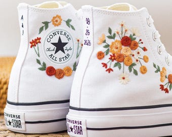 Wedding Converse for Bride, Fall Rustic Flowers Embroidered Converse Platform, Burnt Orange Bouquet Embroidery, Custom Embroidered Shoes