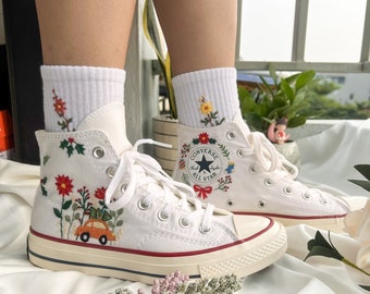 Embroidered converse/ Converse Hi Tops Car And Tree Embroidery /Christmas Embroidered Shoes/Custom Converse Chuck Taylor 1970s