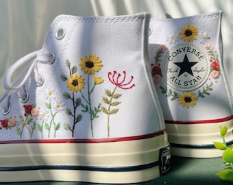 Embroidered converse, Converse High Tops Converse Custom Embroidered Gardens Of Roses, Sunflowers And Birches, Flower Converse Chuck 1970s