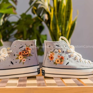 Embroidered Converse/Floral Converse/Halloween Converse/Embroidered Sneakers Halloween Pumpkin/Embroidered Sunflowers And Ghosts/Gifts