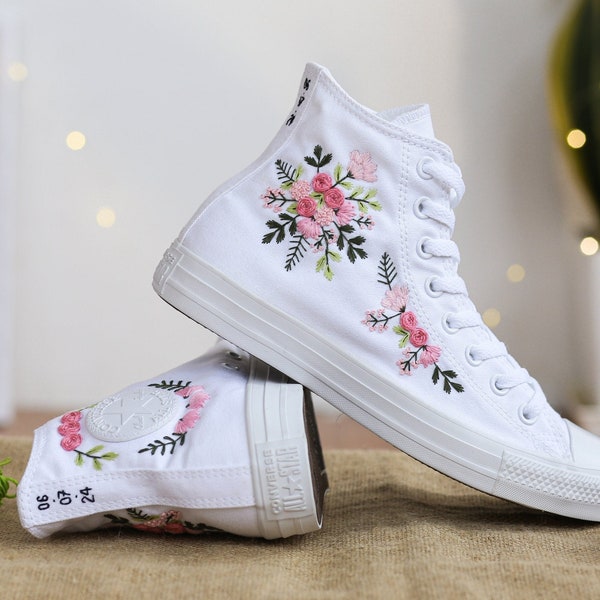 Custom Wedding Sneakers, Converse Embroidered Pink Flower, Wedding Flowers Embroidered Converse Shoes, Bridal Flowers Embroidered Sneakers