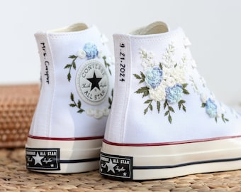 Aangepaste bruiloft Converse geborduurde bloemen, bruiloft bloemen geborduurde schoenen, bruidsbloemen geborduurde sneaker, aangepaste sneaker met naam